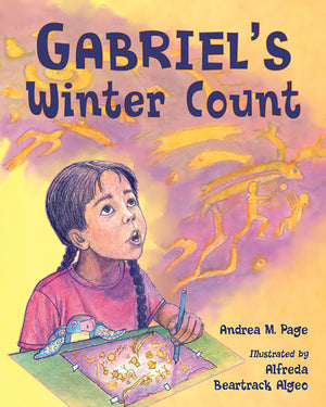 Book cover of 'Gabriel's Winter Count' with a boy drawing on a table.